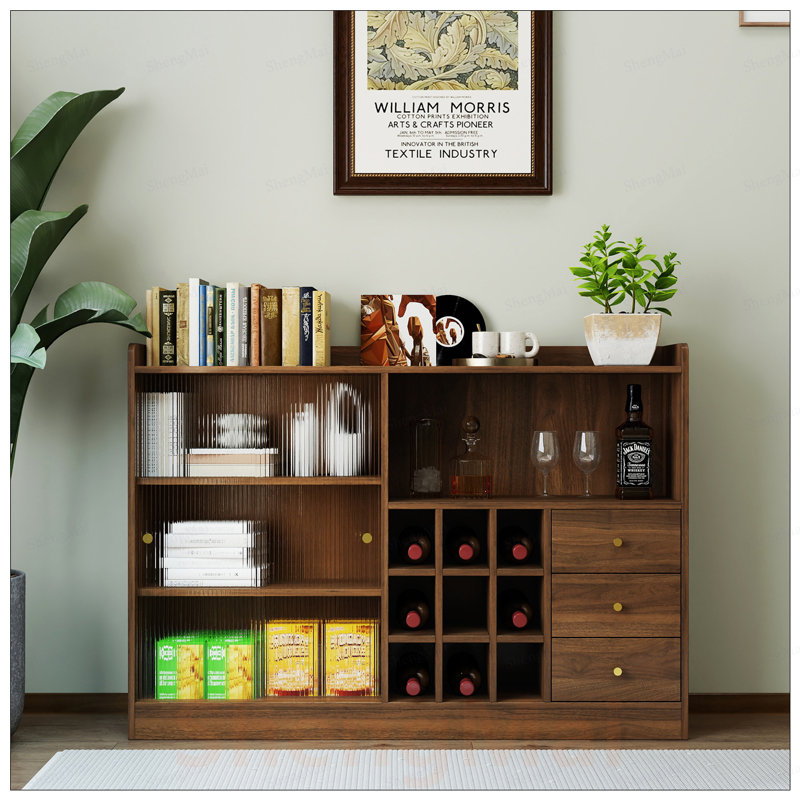 Buffet moderne avec 2 portes coulissantes en verre rayé, armoire de rangement autoportante pour les bouteilles et le vin