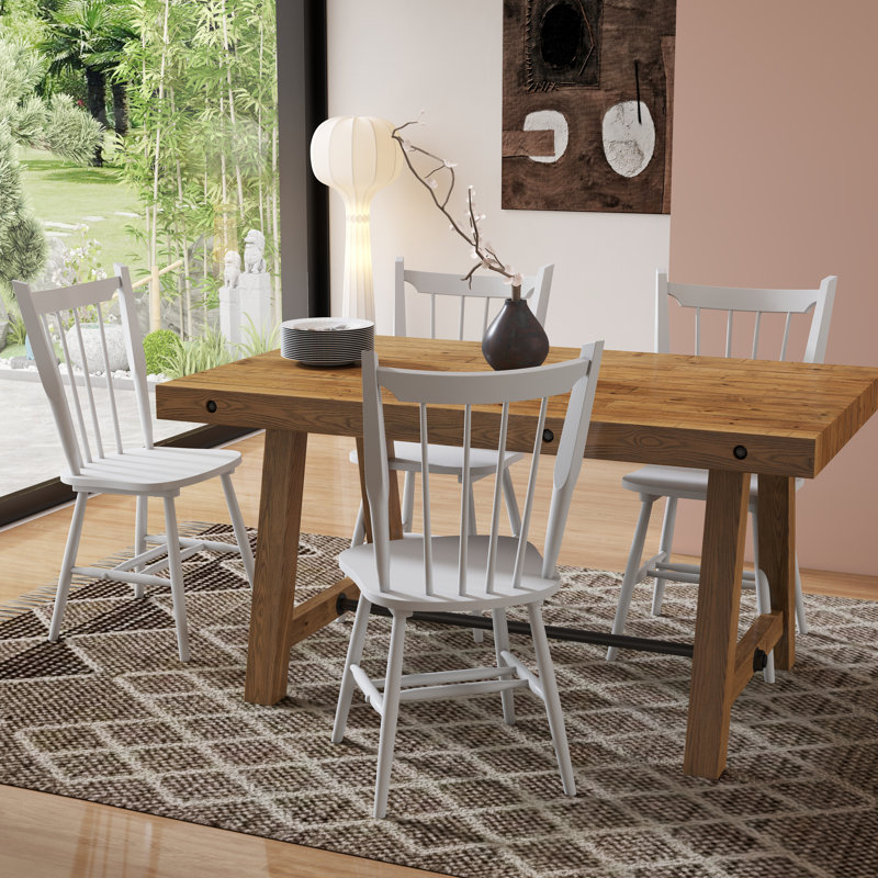 Modern Farmhouse Dining Set - Reclaimed Pine Table & Rubberwood Chairs - Rustic Industrial, 5 Pieces: Table, 4 Chairs, White