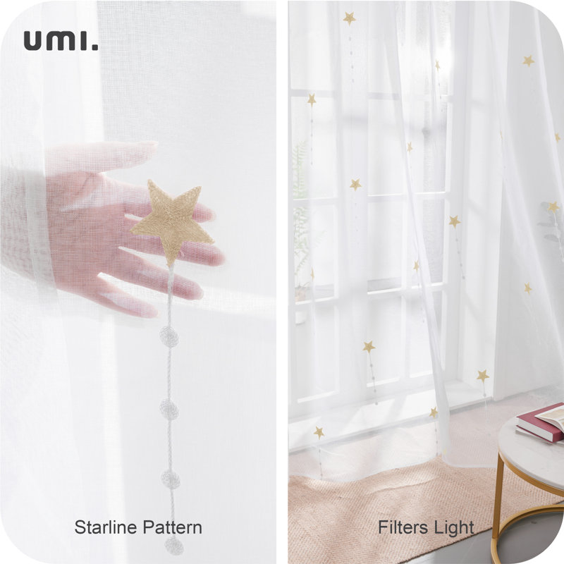 Star Embroidered Light Filtering Sheer Curtains (Set of 2), Khaki, 52" W x 84" L
