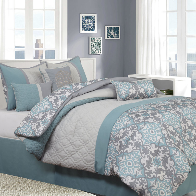 Reina Comforter Set, King Comforter + 6 Additional Pieces, Mineral Blue/Gray