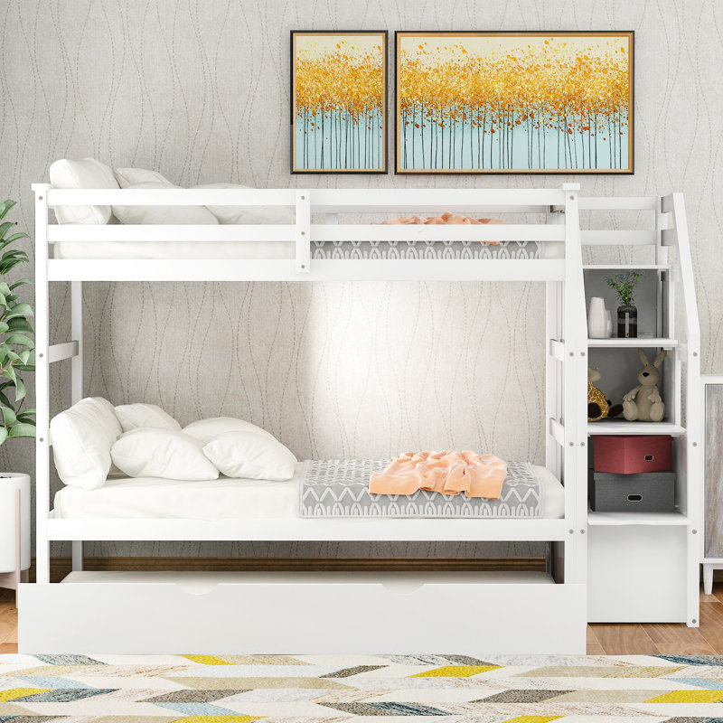 Lit superposé Twintwin avec lit gigogne et 3 escaliers de rangement blancs - conçu pour une utilisation à long terme, fabrication en bois massif durable