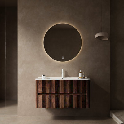 Meuble-lavabo 36 po avec couvercle de cuve. Armoire flottante moderne. 2 tiroirs. Évier et drain en céramique blanche. Pré-assemblé. Meuble-lavabo rétro en noyer calme.