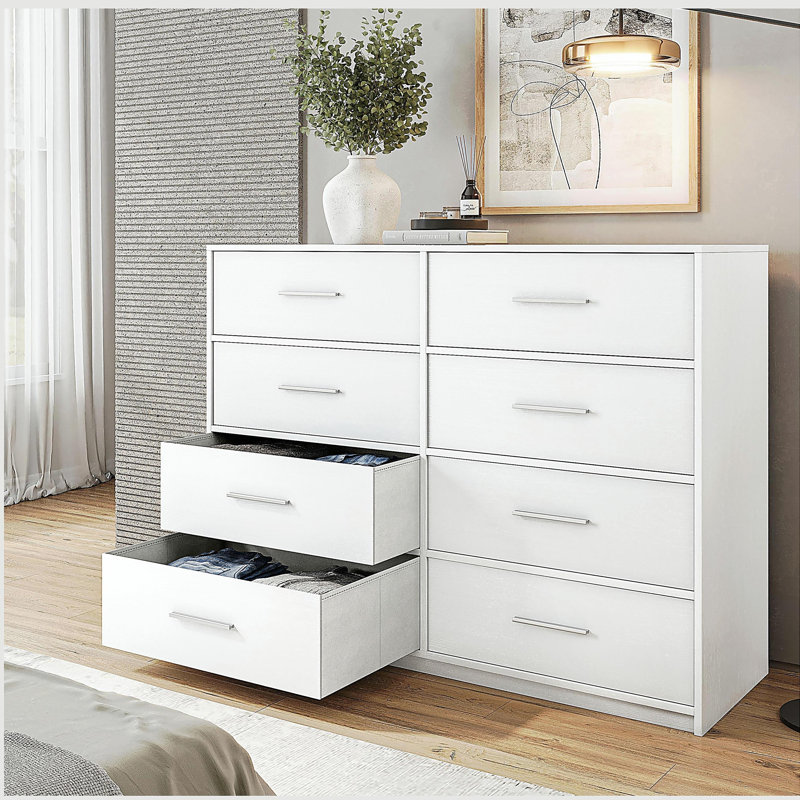 Commode 8 tiroirs avec grands tiroirs en tissu, blanc