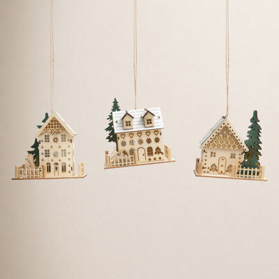 Lighted Laser Cut Wood House Ornaments Set of 3 4.25"H