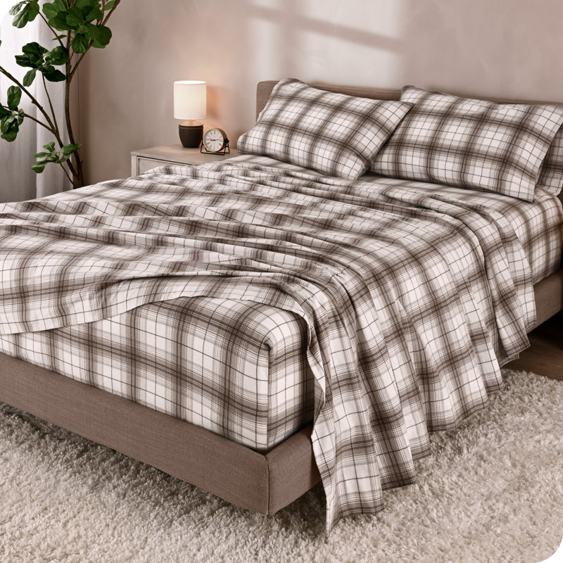 Ensemble de draps 100% flanelle de coton, Ensemble de draps pour lit simple avec 1 taie d'or, Plaid Chesapeake neutre 