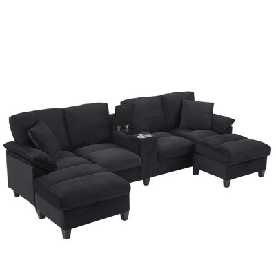 Modern U-Shaped Sofa 116.9" Sectional Sofa Corduroy Upholstered Sofa Couch With Storage Ottomans,Cup Holders And USB Ports For Living Room