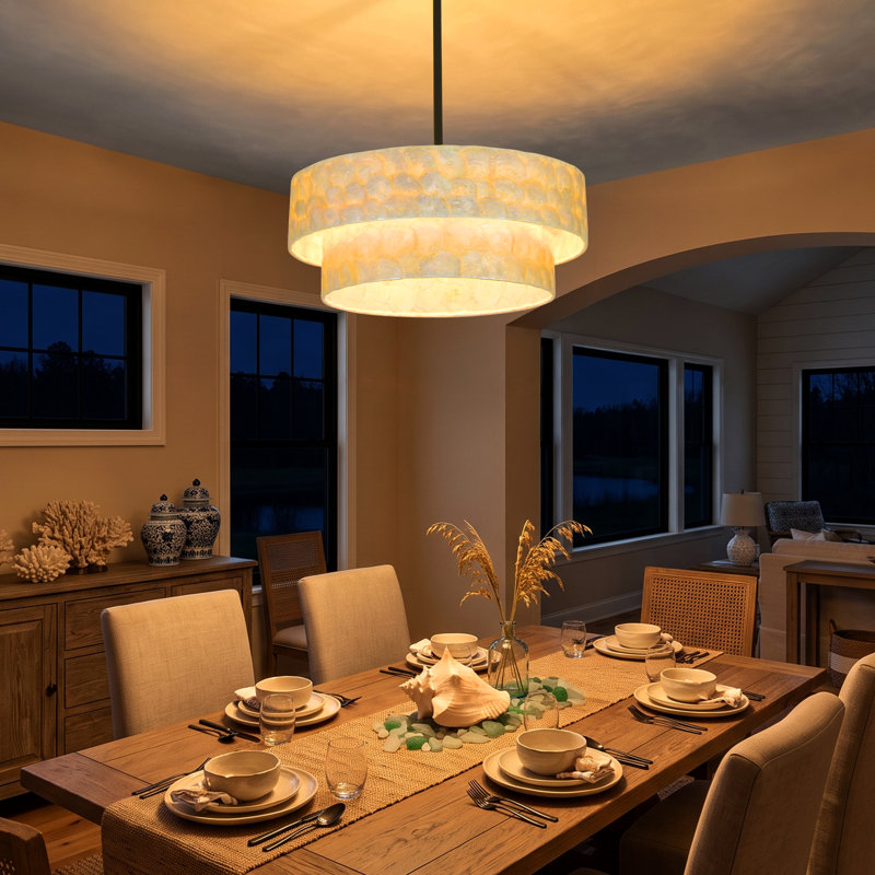 Luminaire suspendu pour îlot de cuisine de style bord de mer à 2 niveaux 19,69 "à 2 niveaux Capiz, Noir