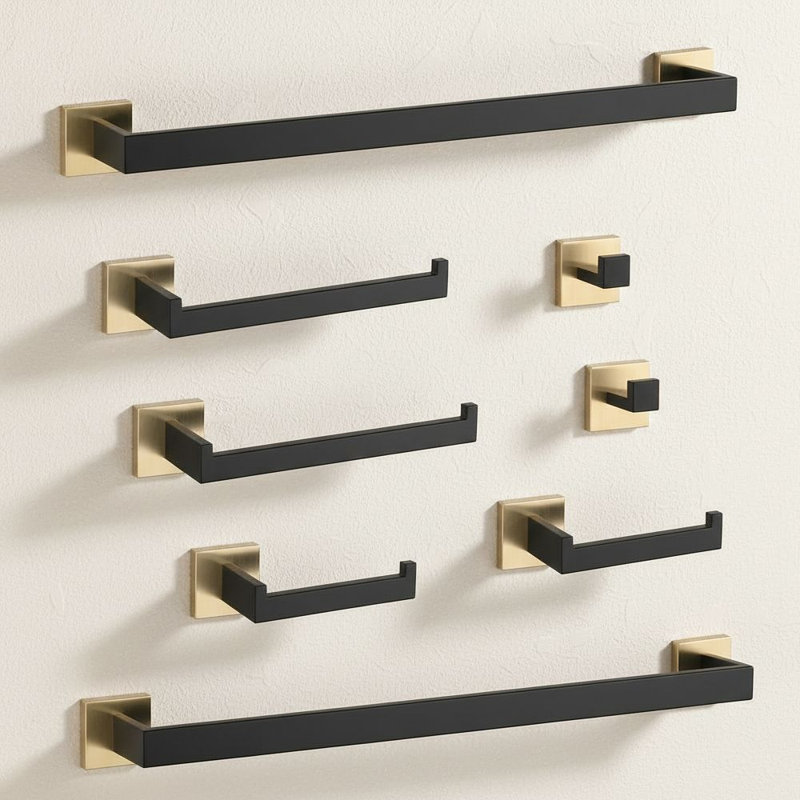Ensemble de quincaillerie de salle de bain 8 pièces noire et dorée, appareils de salle de bain modernes en acier inoxydable avec porte-serviettes et crochets