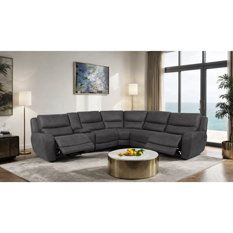 Canapé modulaire rembourré avec deux fauteuils inclinables électriques Galvan, Tissu gris