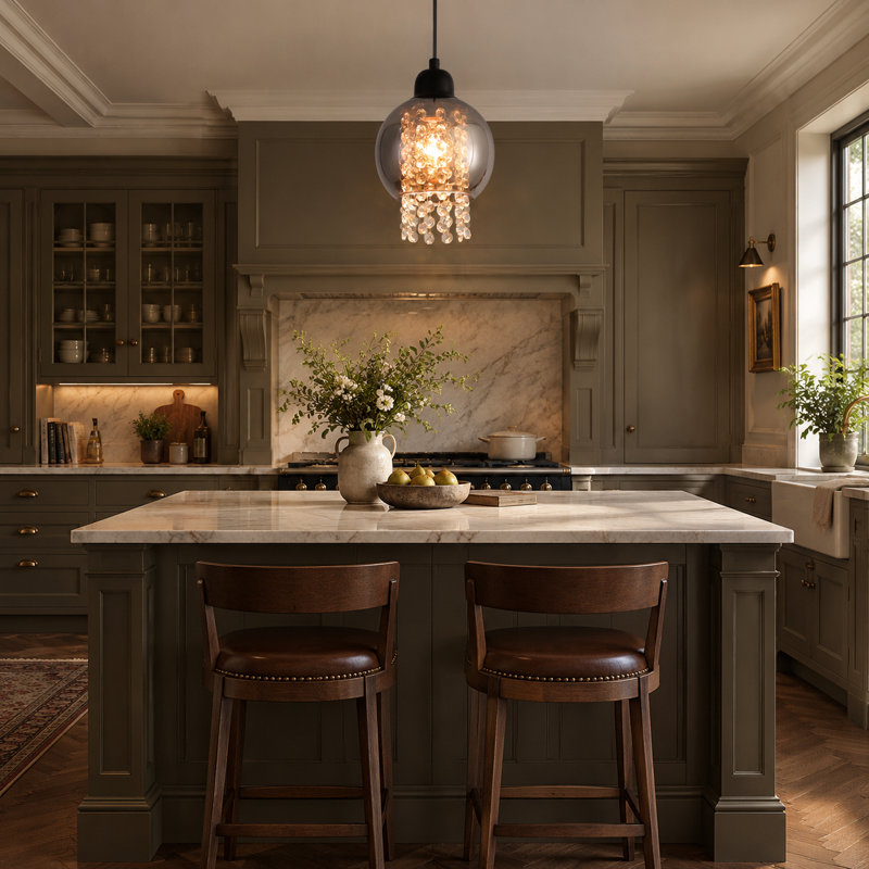 1-Light Smoked Glass Crystal Kitchen Island Pendant