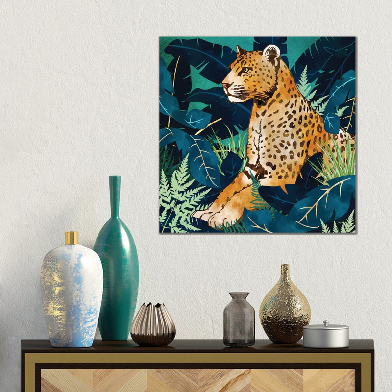Léopard et indigo botanique, reproduction d'art sur toile tendue, 18" x 18", Gallery Wrapped Canvas, No Frame