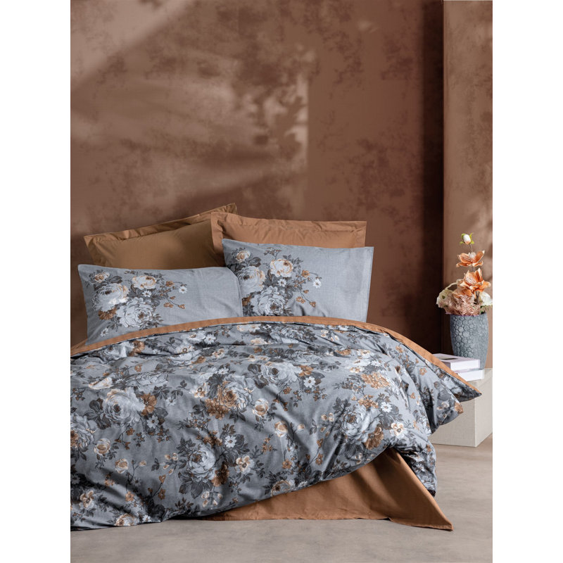 Premium Ranforce Single Quilt Cover Set, 53.1 x 78.7 inches | 100% Cotton, 145 Thread Count, Pigment Printed | Includes 31.5 x 31.5 inches Pillowcase with Envelope Closure | Stylish Brown, Anthracite & Grey Design, Machine Washable