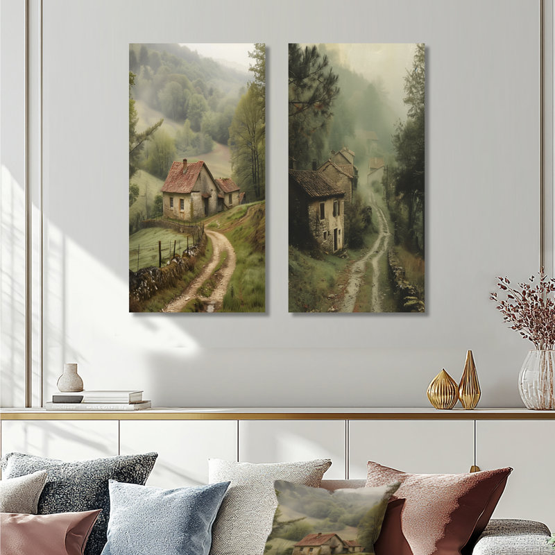 Ensemble de 2 pièces d'art mural vert paysage vert, H 28 po x l 24 po, Toile tendue