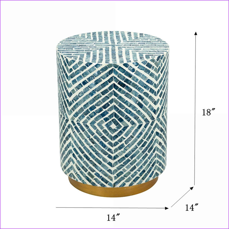 Tabouret décoratif, 14 x 14 x 18 pouces, bleu côtier rond Base dorée blanche Capiz | Salon d'entrée | Bleu, or, blanc | Panneau de fibres à densité moyenne; Capiz