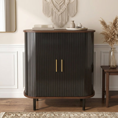 28" Modern Fluted Mid-Century Bar Cabinet with Tambour Doors and Wine Rack