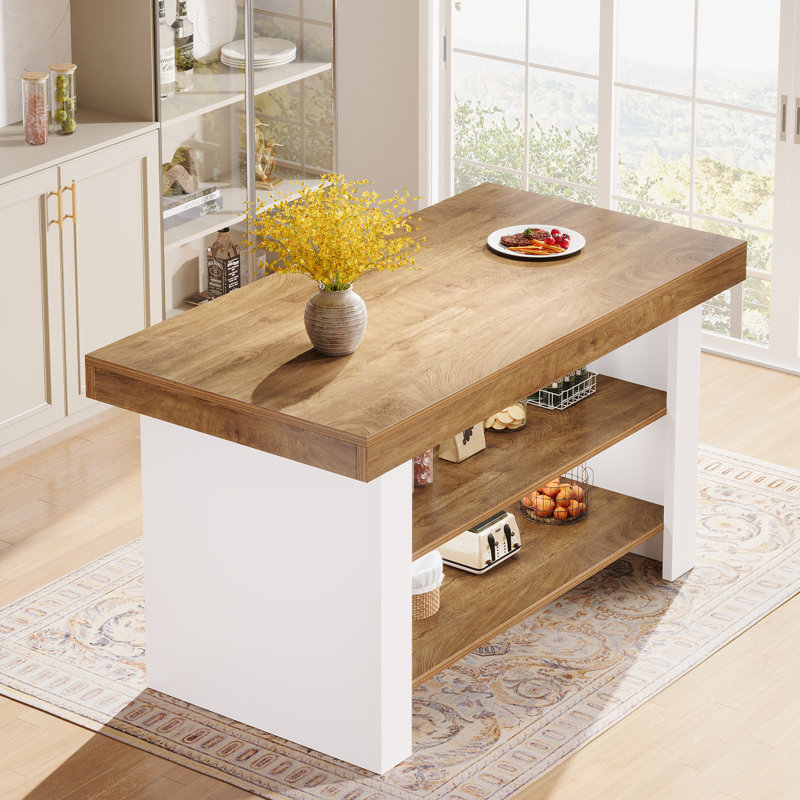 Îlot de cuisine 55 po avec rangement, Blanc, Brun