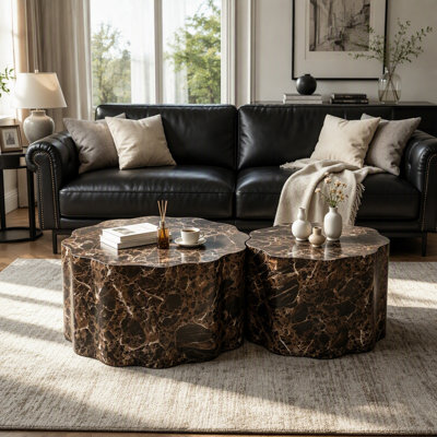 Ensemble de 2 tables basses rondes avec plateau en faux marbre noyer travertin, tables d'appoint modernes minimalistes pour salon, appartement et bureau
