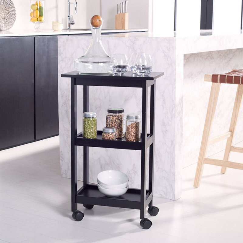 Îlot de cuisine Geralynn - Chariot en bois compact avec deux tablettes ouvertes, finition blanche et naturelle, Noir
