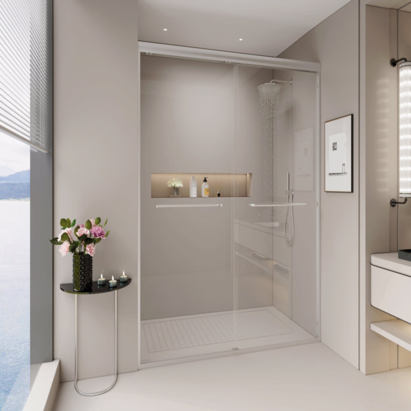 Double Sliding Shower Door, Semi-Frameless Bypass Bathroom Sliding Door With 1/4" (6Mm) Tempered Glass, Brushed Nickel