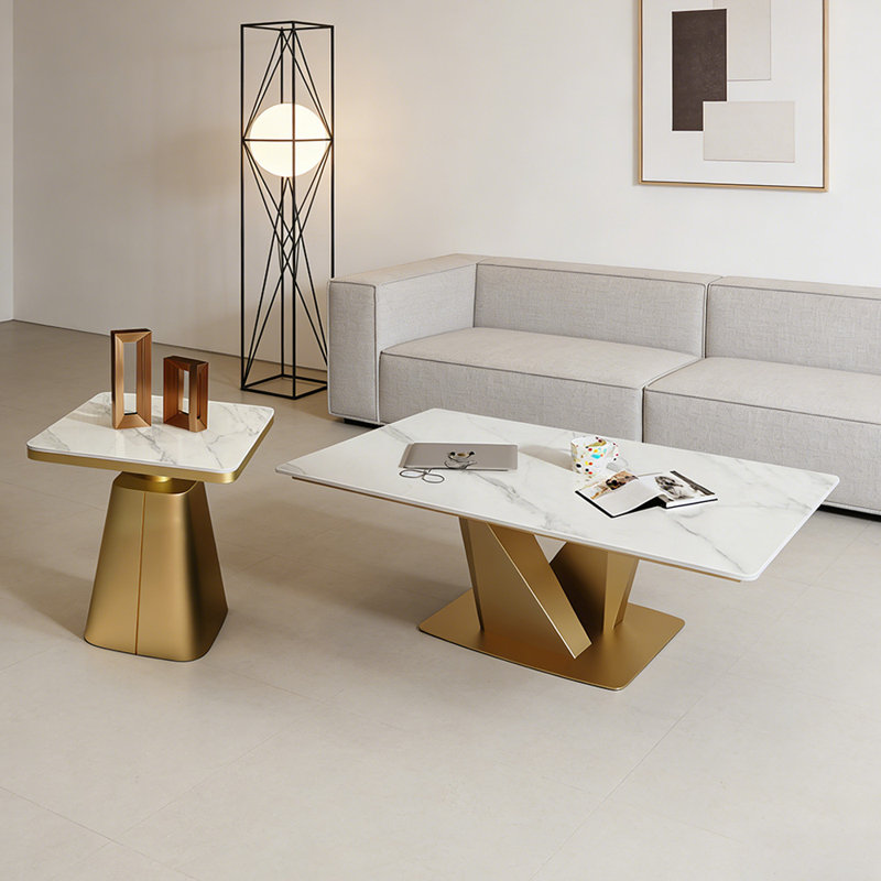 Ensemble de tables basses de salon haut de gamme, Blanc / gris clair, H 17,71 po x L 47,24 po x l 23,62 po, Doré