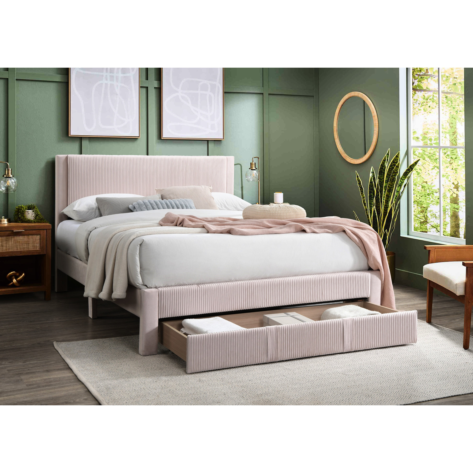 Mercer41 Pink, Corduroy, Queen Bedframe, Modern Style, Underbed Drawer ...