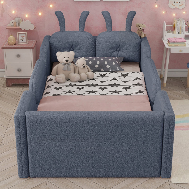 Lit plateforme tapissier avec coussin en lapin, lit tapissier pour enfants avec rails latéraux amovibles, Gris