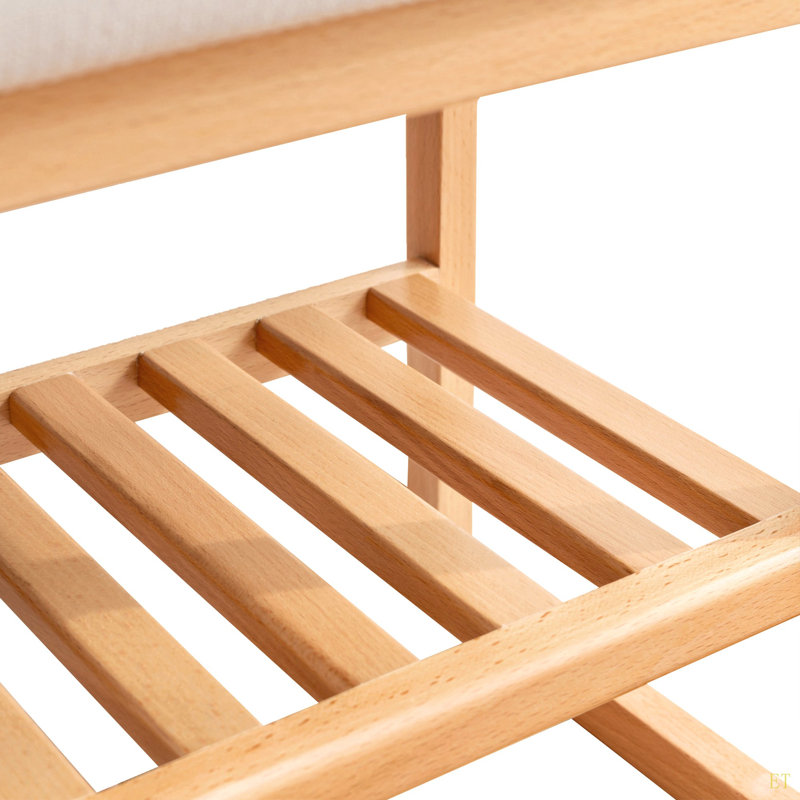 Solid Wood Shoe Bench, Beech Wood Storage Rack Organizer With High Rebound Sponge Cushion, Natural