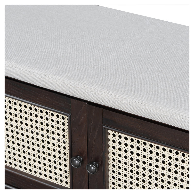 Banc d'entrée en rotin avec rangement rembourré et siège rembourré TREXM Boho, beige ou espresso, Espresso Wood