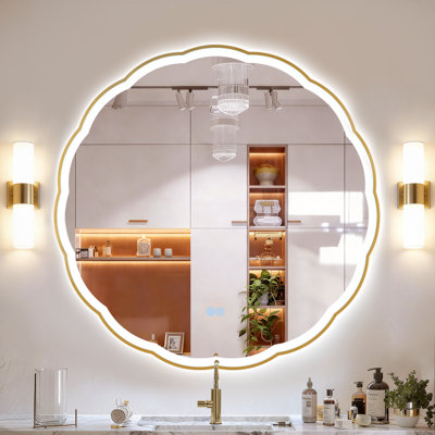 Round Wavy Metal Frame;Round Lighted;Bathroom/Vanity Mirror;Backlit + Front Lit,Dimmable Anti Fog Wall Mounted Mirror