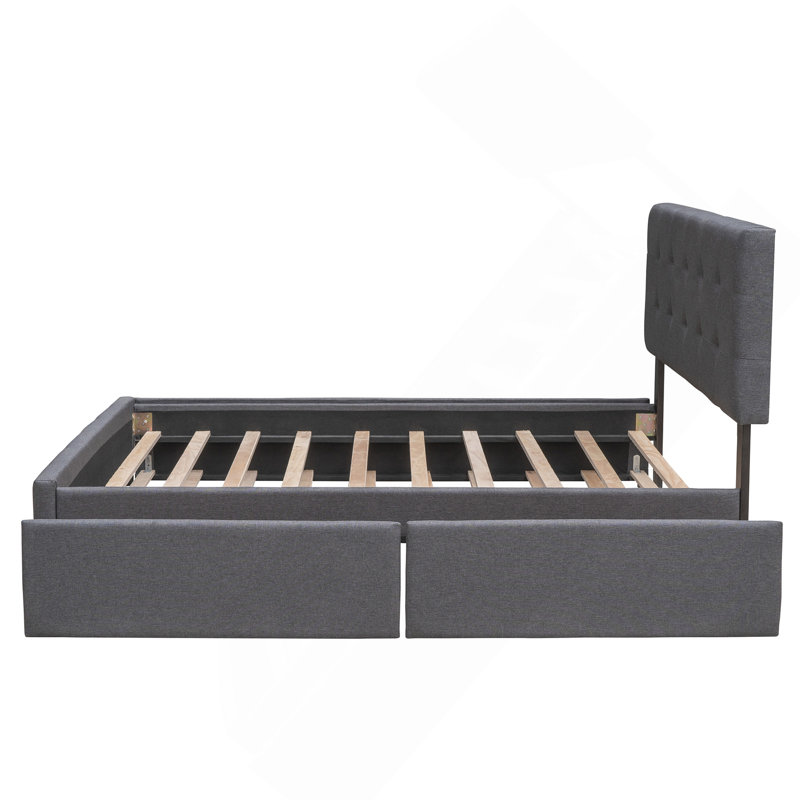 Lit plateforme tapissier avec 2 tiroirs et 1 lit gigogne simple TG, tissu de lin, grand lit - gris foncé