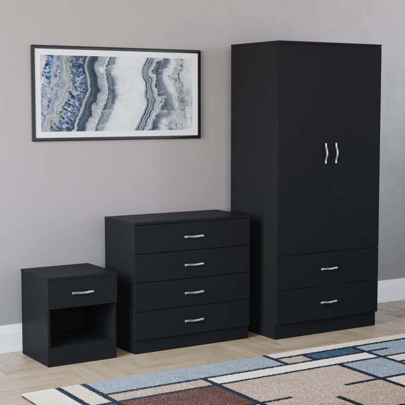 Maybery 3 Piece Bedroom Set (1 Drawer Bedside Chest, 4 Drawer Chest, 2 Door 2 Drawer Wardrobe), (4), Black