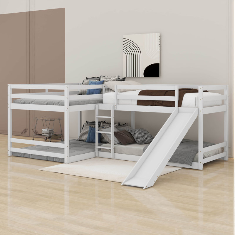 Lit superposé en L pour lit double et simple avec glissière et échelle courte, Blanc