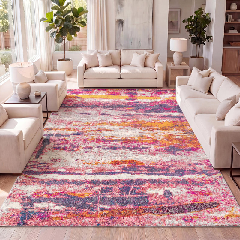 Tapis rose / crème Lasley Contemporary, Rectangle 7 pi 9 po x 10 pi