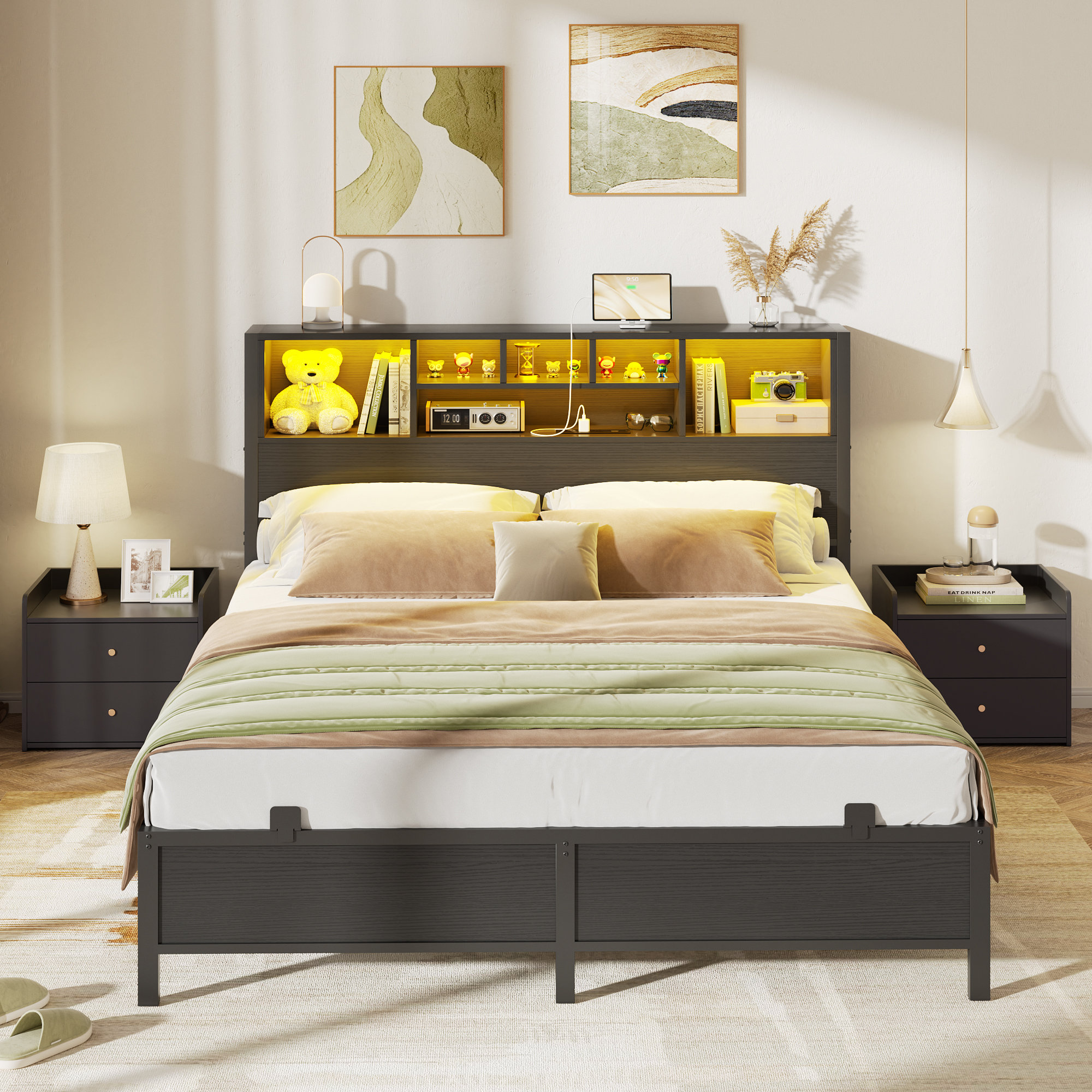 Wrought Studio Hoston Metal Bookcase Storage Bed with RGB LED Lights ...