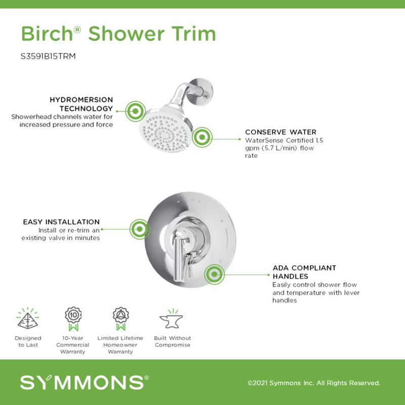 Birch HydroMersion Single Handle Shower Trim Kit, Polished Chrome