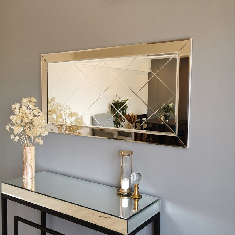Modern Silver Wall Mirror, 51.2 x 25.6 x 0.9 inches | 100% MDF Frame, Assembled | Stylish Chequered Design, Perfect for Home Decor & Entryways | Easy Wall Mounting, Adds Elegance to Any Space