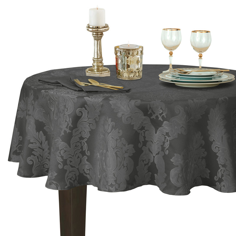 Gray Round Jacquard Damask Stain-Resistant Tablecloth