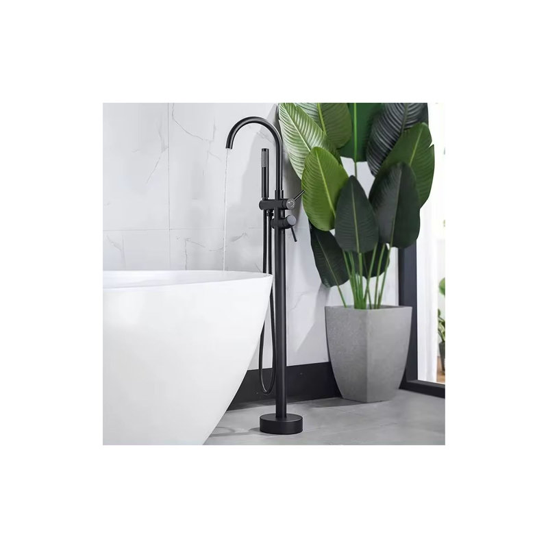 Black Square Curve Freestanding Bath Tap With Shower, Matte Black