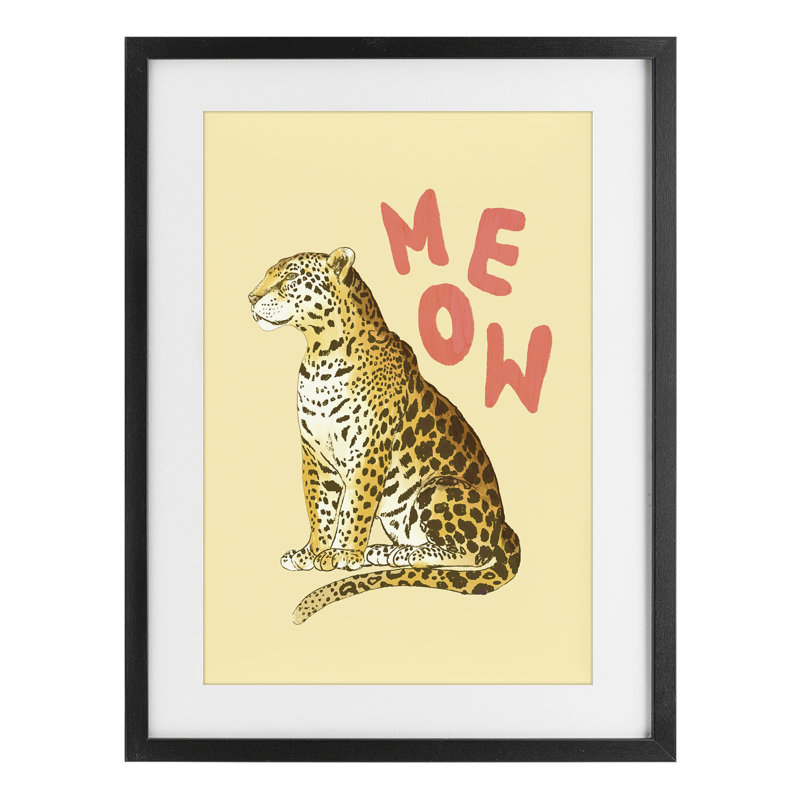 «Meow Leopard» sur toile encadrée jaune, design par Florentina Dolci, Cadre noir minuit sous verre, H 23 po x l 17 po