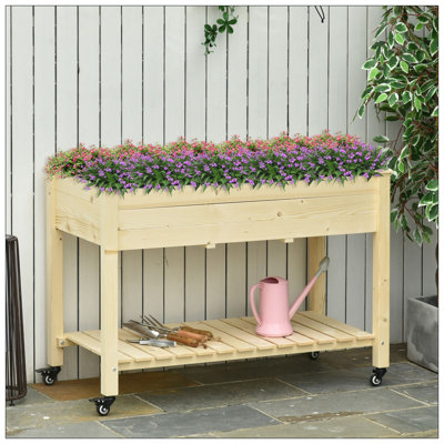 Raised Garden Bed, 47" X 22" X 33", Elevated Wooden Planter Box W/ Lockable Wheels, Storage Shelf, And Bed Liner For Backyard, Patio, Natural