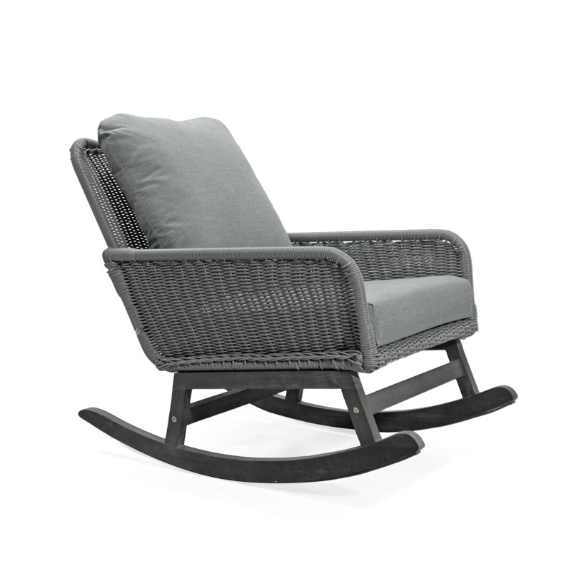 Chaise berçante minimaliste en osier gris avec coussins moelleux, structure intérieure / extérieure en bois | Idée de cadeau
