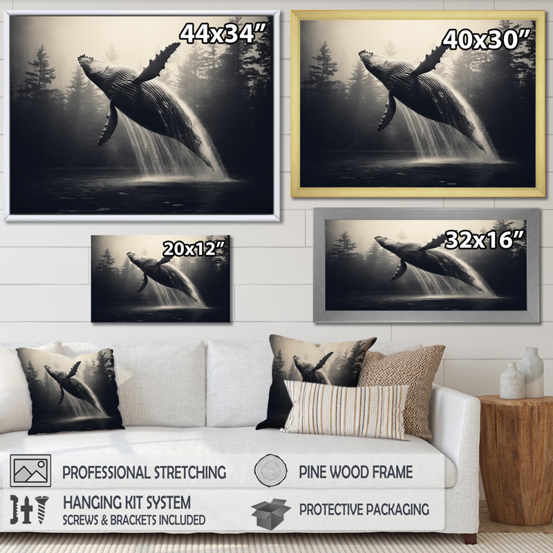 Baleine rétro au Canada sur toile, Cadre flottant doré, H 12 po x l 20 po x P 1 po