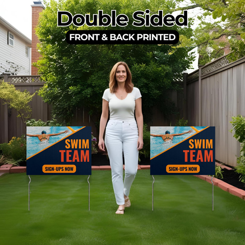 Swim Team Sign-Ups Now! Yard Sign by DC | 24"x18" Double Sided Swimming Garden Sign with 13” Metal Stakes | Outdoor Signs Waterproof for Lawn, Patio, Sidewalk & House | Set of 4 | Made in USA