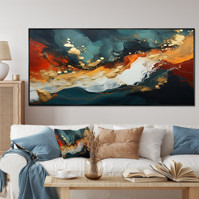 Blue and golden marble storm III - Abstract Painting Framed Canvas Print
