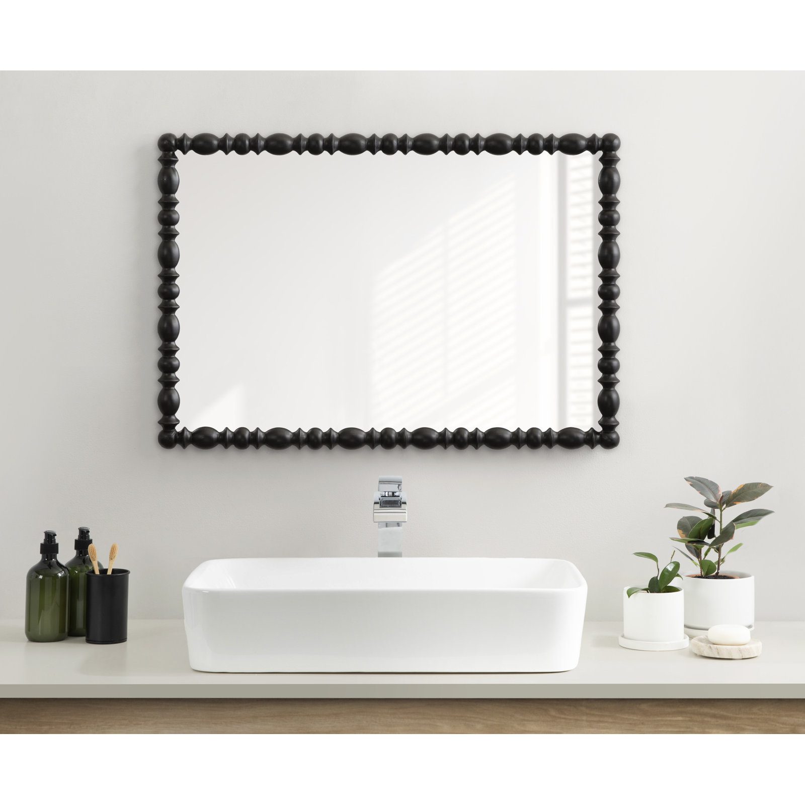 Rectangle Scalloped Wooden Mirror, Manufactured Wood, Black
