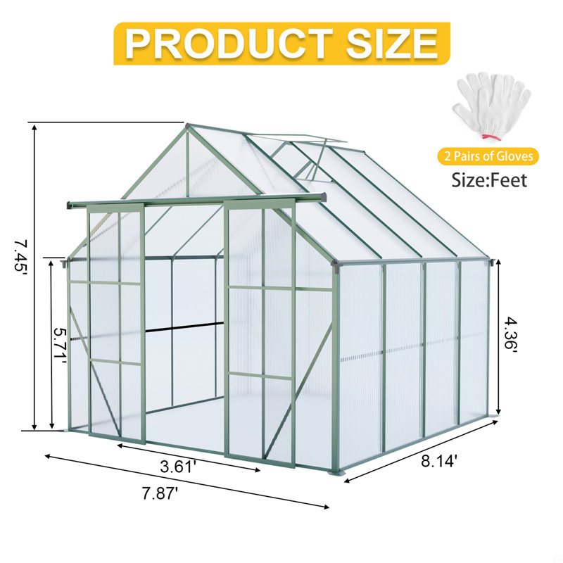 8X8 FT Double Door Polycarbonate Greenhouse Raised Base And Anchor Aluminum Heavy Duty Walk-In Greenhouses