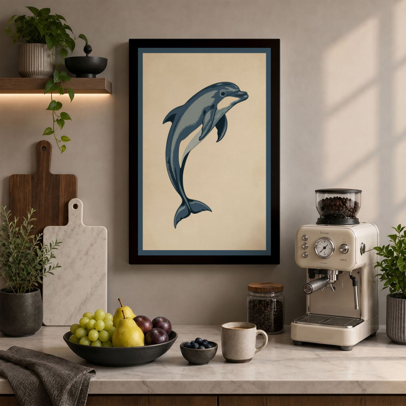 Leaping Dolphin Coastal - Wrapped Canvas, 36x24 - 91.4 x 61.0 cm, Teal Border