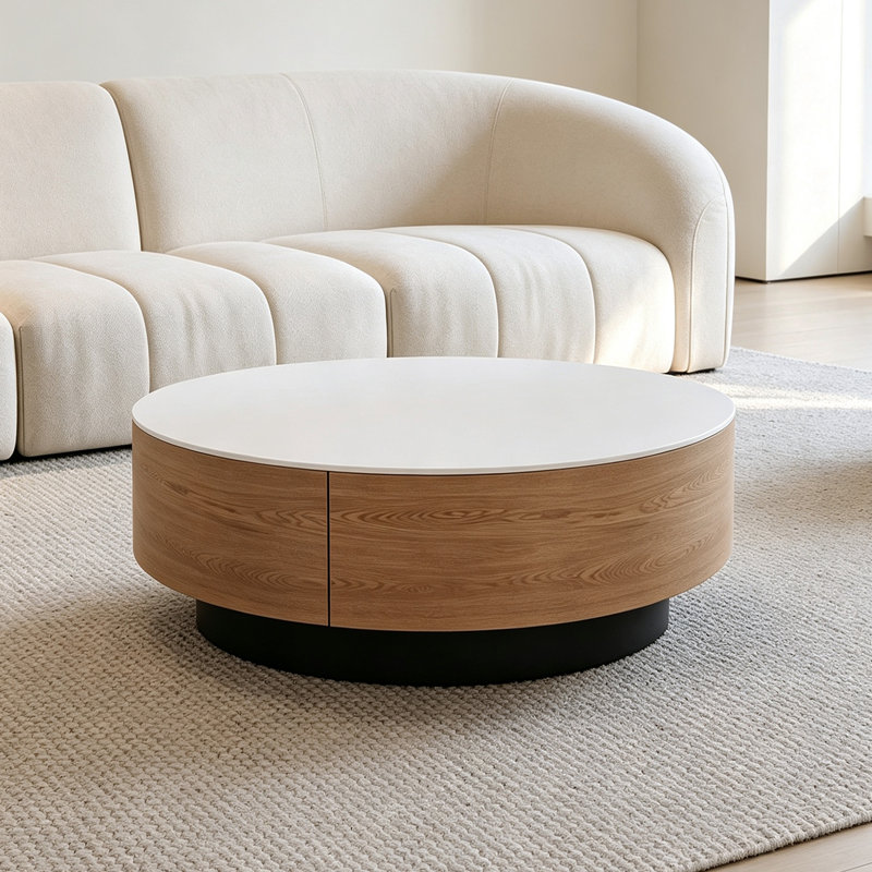 Table basse ronde pour petit appartement, 12.99" H x 27.55" W x 27.55" D, White Top/Black Base, Flat