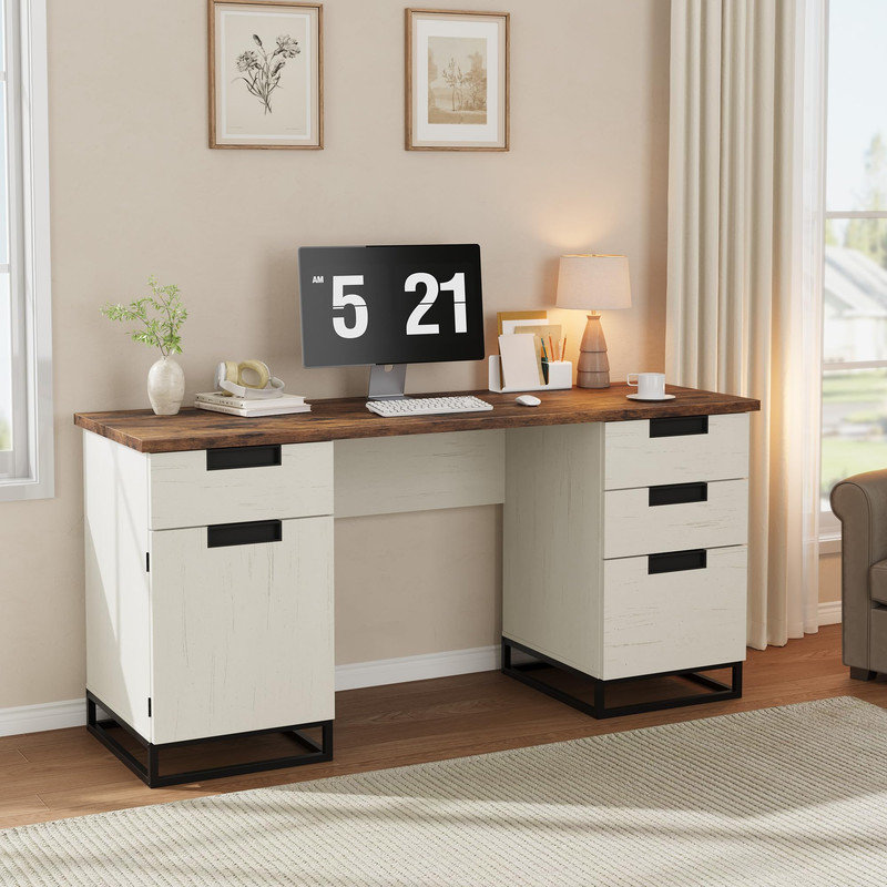 Bureau de direction 59 po, bureau à domicile avec tiroir classeur et armoire de rangement, table d'ordinateur en bois avec 3 tiroirs pour le travail et les études