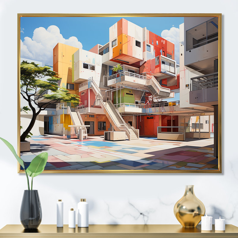 Abstrait école de couleurs sur toile, Cadre flottant doré, H 34 po x l 44 po x P 1,5 po